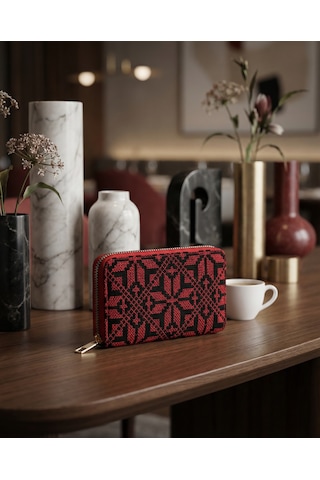 Zaytoon Filistin Geleneksel Kırmızı Nakışlı Tek Fermuarlı Kadın Büyük Cüzdeni 14x9 Cm A100029 Kırmızı