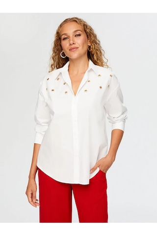 Faik Sönmez Taşlı Trok Aksesuarlı Poplin Kadın Gömlek W26gml008 Beyaz