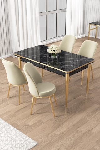 Canisa Rewa Serisi 70x110 Sabit Siyah Mermer Desen Gold Detay Masa Takımı Ve 4 Krem Sandalye Masa Siyah Mermer Sandalye Krem Gold Ayak