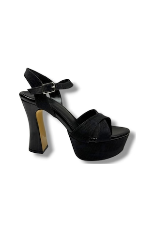 Defne 788-26 Simli Saten Çapraz Bant 30mm Platform Topuk Kadın Sandalet 12cm Siyah