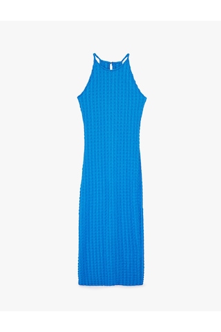 Koton Bürümcük Kumaş Slim Fit Uzun Halter Yaka Kalem Elbise Mavi 6sak80020uk Mavi