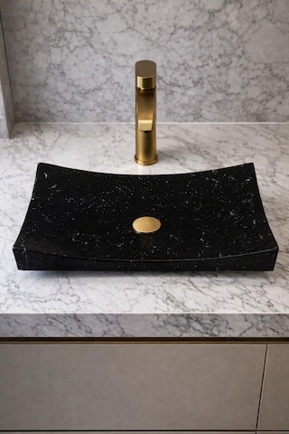Mermer Desenli Tezgah Üstü Kayık Model Taş Lavabo 35 X 60 Cm Siyah