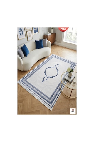 Aura Rugs Mavi Madalyon Desenli Akrilik Modern Salon Halısı - Dokuma Tabanlı 8mm Hav Yüksekliği Çok Renkli