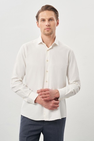 İmza Açık Krem Uzun Kol Düz Bez Ayağı Yarım İtalyan Yaka Cepsiz Pamuklu Classic Slim Fit Gömlek 1004245268 Açık Krem