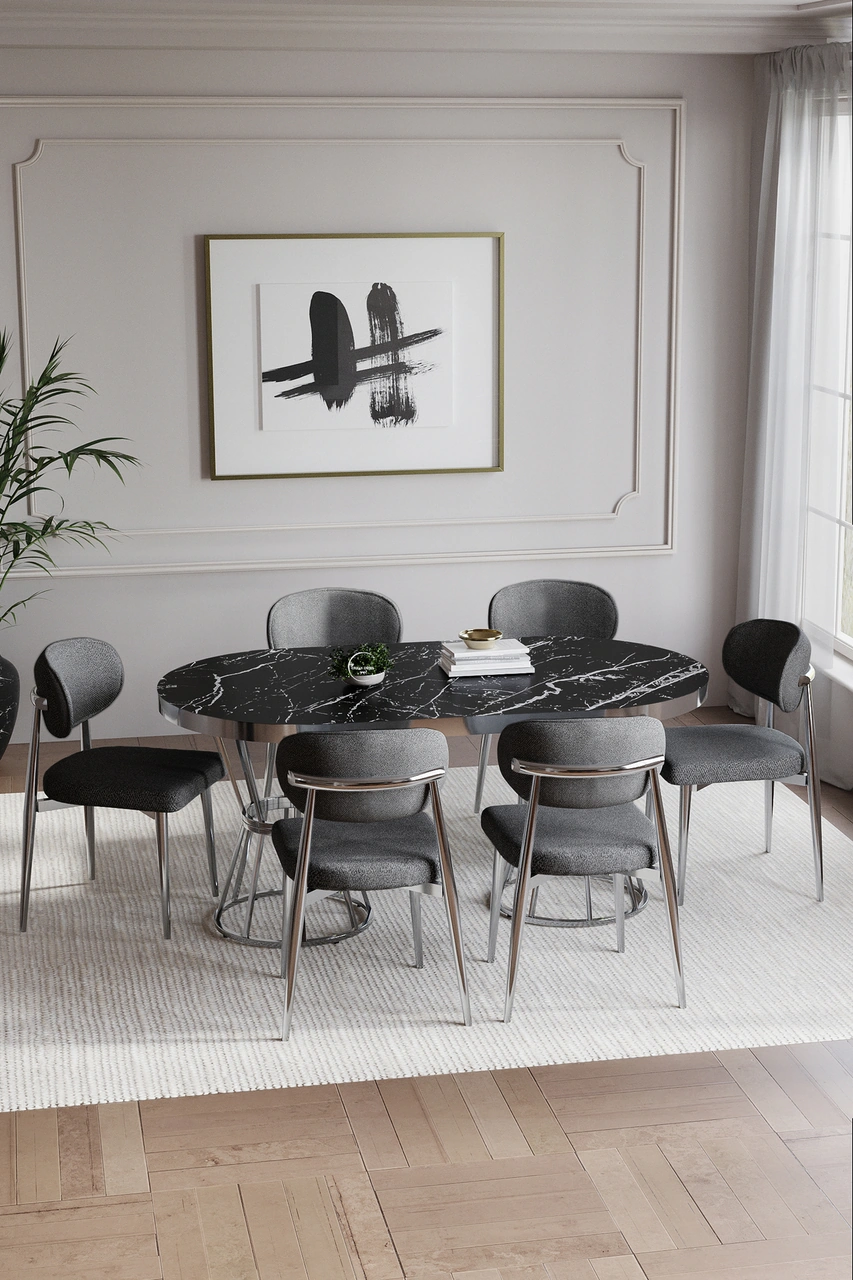 Bohem Polo Mutfak Masası Takımı 6 Kişilik Gümüş Gri