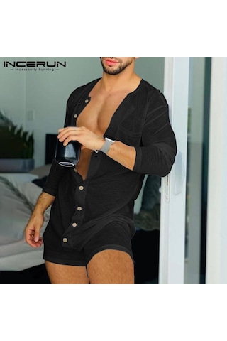 Incerun Erkekler Uzun Kollu Örgü Şeffaf Ince Leotard Pijama Tulum Gecelik Kısa Romper İç Giyim Beyaz