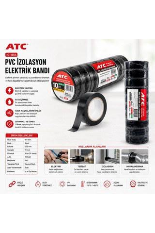 Atc Pvc İzolasyon Elektrik Bandı 10mm 0.13x19x11yds Siyah Lüx - 10'li Paket