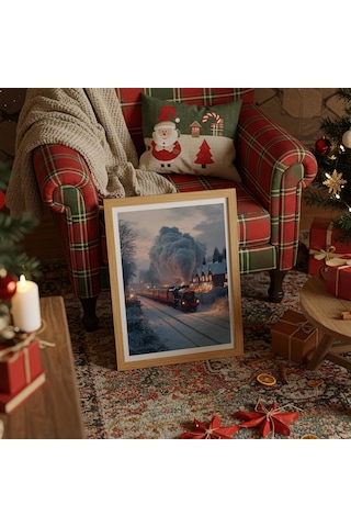 Vintage Noel Duvar Sanatı, Kış Buharlı Tren Tatil Posteri