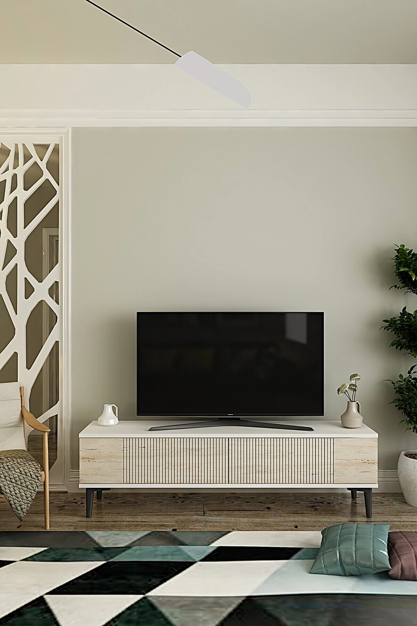 Tsa1203bt - Corsatv120 Tv Stand, Tv Sehpası Beyaz-traverten Kapak 120cm Beyaz