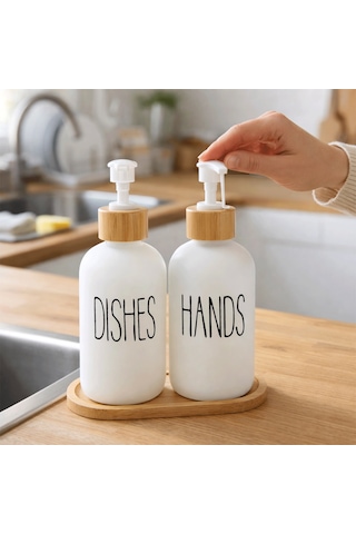 Bambu Stantlı Hands & Dishes 550 Ml Sıvı Sabunluk Seti, Mutfak Cam Sabunluk Beyaz