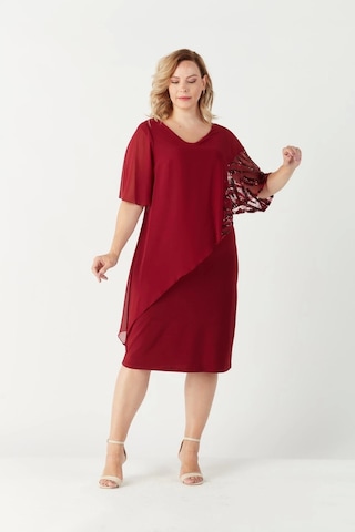 Moda Berray 4051 Bordo Pelerinli Payetli Esnek Kumaş Büyük Beden Elbise Bordo