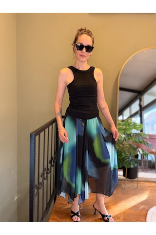 Ali Butik Mavi Batik Desen Asimetrik Şifon Etek