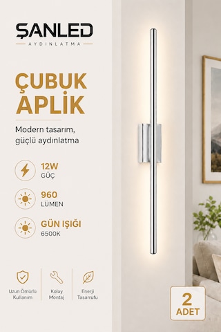 Dekoratif 12w İç Mekan Krom Kasa Gün Işığı 80 Cm Duvar Aplik Elektrikli 2 Adet