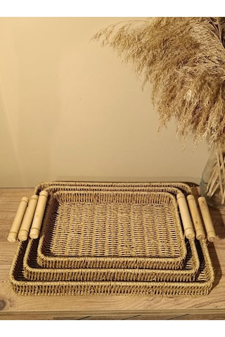 Hasır Rattan Sunum Tepsi 3'lü Organizer Bambu Kulplu Dikdörtgen Diğer