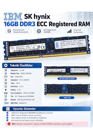 Ibm Sk Hynix 16gb Ddr3 1866mhz Pc3-14900r Ecc Registered Rdımm Sunucu Ram Hmt42gr7afr4c-rd
