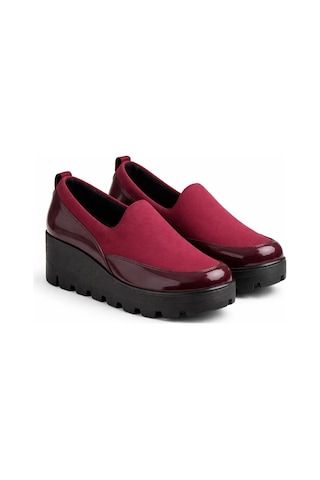 Bordo Kalın Taban Kadın Günlük Comfort Ayakkabı Kaymaz Taban Kırmızı