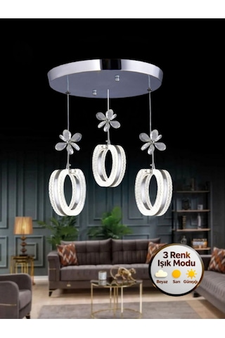 Litra Lighting Aurea Model 3 Lü Kristal Taşlı Gümüş 3 Renk Modu Ledli Salon Mutfak Oturma Odası Sarkıt Led Avize Metalik