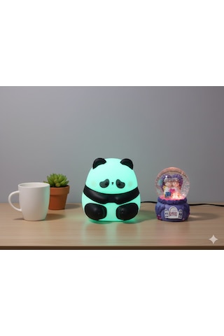 2 Li Sevgiliye Romantik Hediye Seti Slikon Panda Renkli Led Gece Lambası Ve 9 Cm Mor Kar Küresi Set Set