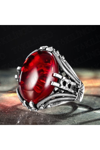 Takılingo 925 Ayar Gümüş Ruby Taşlı Sade Motifli Erkek Yüzük Gümüş