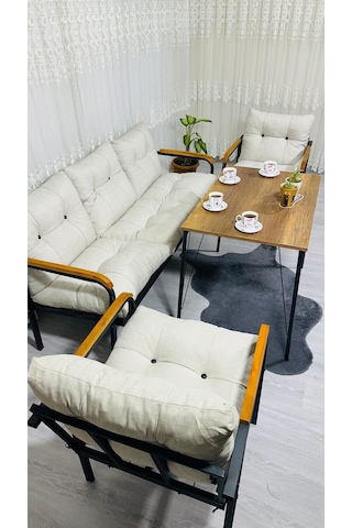 Madame Home Açelya Balkon, Bahçe, Cafe - Salon - Metal Kanepe Koltuk Takımı 3+1+1 + Masa Krem