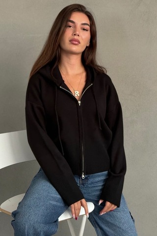 Madmext Siyah Kapüşonlu Çift Fermuarlı Kadın Triko Hırka Mg2893