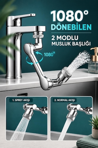 1080 Derece Dönebilen 2 Modlu Mutfak Musluk Başlığı Banyo Musluk Ucu Evrensel Fonksiyonlu Başlık Gümüş