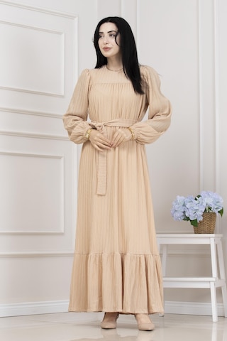 Sevitli Robalı Sahra Tesettür Elbise-krem-5505 Krem