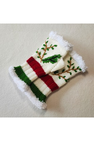 Newdaycraft El Örgüsü Motifli Parmaksız Eldiven / Bileklik - Çam / Yılbaşı Beyaz - Yeşil
