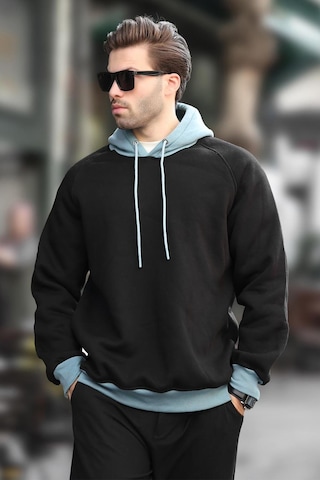 Madmext Siyah Renk Bloklu Kapüşonlu Sweatshirt 7073 Siyah