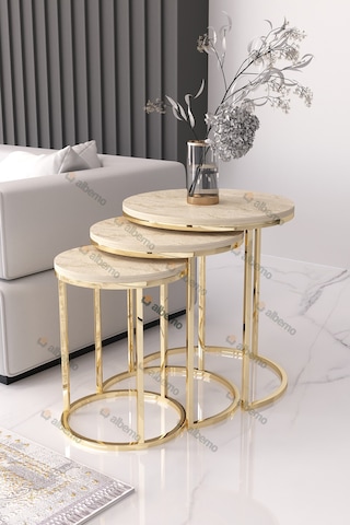 Usta Mekan Gold Metal Traverten Mermer Desen Ahşap Tablalı 3 Lü Zigon Sehpa Altın