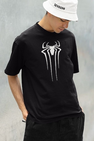 Örümcek Adam Film Logo Baskılı Unisex Marvel Oversize Tişört Siyah