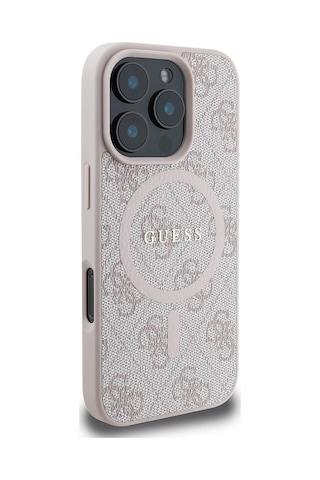 Apple Uyumlu iPhone 16 Pro Max Guess Lisanslı Halkalı Magsafe Şarj Özellikli 4g Desenli Yazı Logolu Kapak Pembe