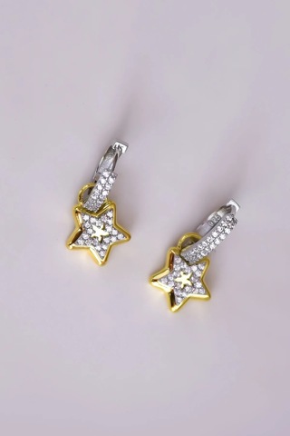 925 Ayar Gümüş Gold-rodyum Kaplama Zirkon Taşlı Tasarım Yıldız Halka Küpe