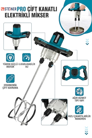 Steiner 2100 W Elektrikli Sjs Metal Şanzıman Profesyonel Çift Başlı Alçı Boya Harç Karıştırıcı Mikser