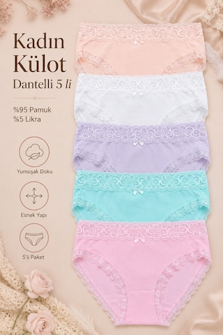 Nicoletta Kadın Külot 5 Li Paket Likralı Pamuklu Dantelli Somon Pembe