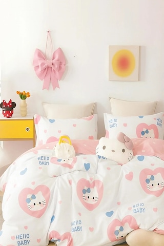 İqon Lastikli Çarşaflı Nevresim Takımı Tek Kişilik Hello Kitty Beyaz Çok Renkli