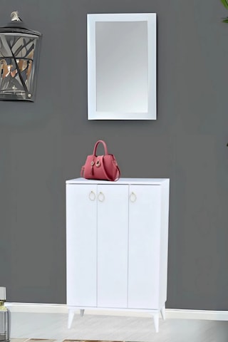 Sinbo Ayakkabılık Beyaz 3 Kapaklı Raflı Yüksek Ayaklı Ayakkabı Dolabı 90x34x105 Cm