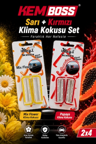 Kemboss Sarı Kırmızı Araç Klima Kokusu 2'li Set Mix Flower & Papaya Vent Clip Oto Kokusu Sarı - Kırmızı Set