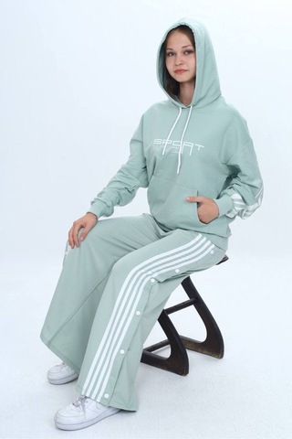 Unisex Çocuk %100 Pamuk Kapüşonlu Ve Çıtçıtşı Oversize Alt&üst Trend Eşofman Takımı-302-eşt-0008 Su Yeşil