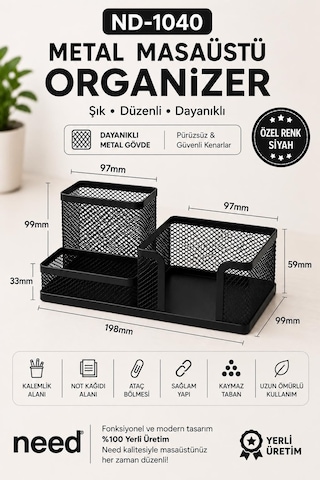 Need Nd-1040 Metal Mesh Masaüstü Organizer 3 Bölmeli Çok Amaçlı Düzenleyici Siyah