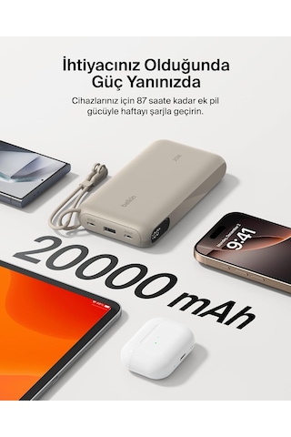 Belkin Boostcharge Power Bank 20000 Mah Display, Pd 20w Usb-c Kablolu Bej