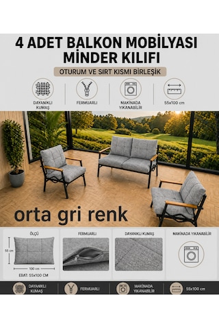 Doruk Home Doruk Bahçe Mobilyası Minderi 55x110cm 4 Adet Balkon Mobilyası Minder Kılıfı Gri