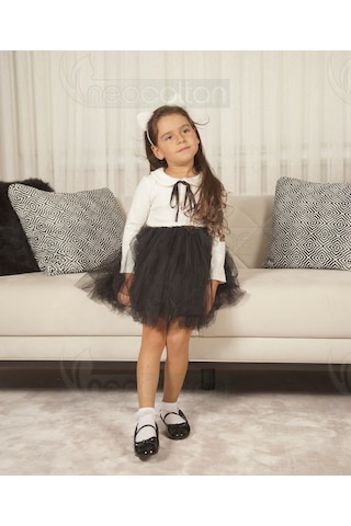 Kız Çocuk Bebe Yaka Uzun Kollu Astarlı Tüllü Elbise Uzun-siyah Siyah