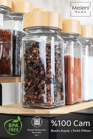 12'li Bambu Kapaklı Cam Baharatlık Seti - Etiketli Tuzluk Biberlik Köşeli Baharat Takımı 120 Ml ŞEffaf