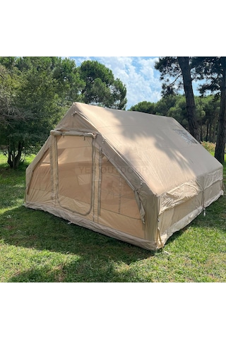 Yek Outdoor 420d Oxford 12 Kişilik 4 Mevsim Soba Çıkışlı Şişme Kamp Çadırı Pompalı, 400x300x210 Cm Krem