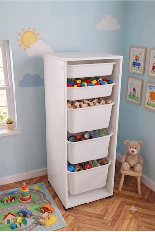 1 Adet Ultra Büyük 2 Adet Büyük 2 Adet Orta Boy Çekmeceli 123 Cm Beyaz Çocuk Odası Oyuncak Dolabı Ve Çok Amaçlı Saklama Ünitesi - Depolayıcı Düzenleyici Organizer