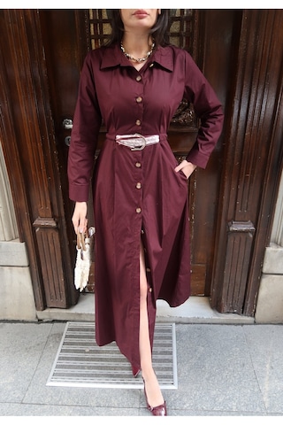 Kechi Woman Poplin Kumaş Akseusarlı Elbise Bordo