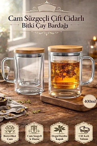 2li Borosilikat Çift Kat Bitki Çay Bardağı 400 Lm Cam Süzgeçli Bambu Kapaklı Kupa Kulplu Demlik Mode Şefaf