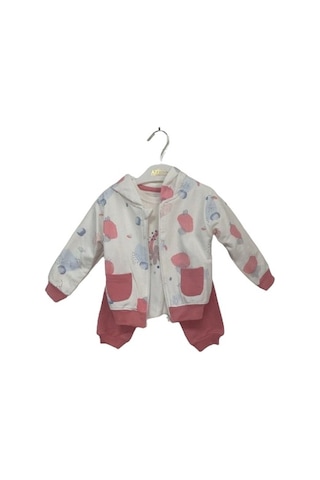 Aziz Bebe Çiçek Baskılı Mercan Desenli 3'lü Kız Çocuk Takım 3276 001