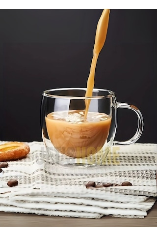 12 Li Set Kulplu Cappuccino Bardağı Latte Bardağı Çift Cidarlı Americano Bardağı 250 Ml Kahve Bardak Şeffaf